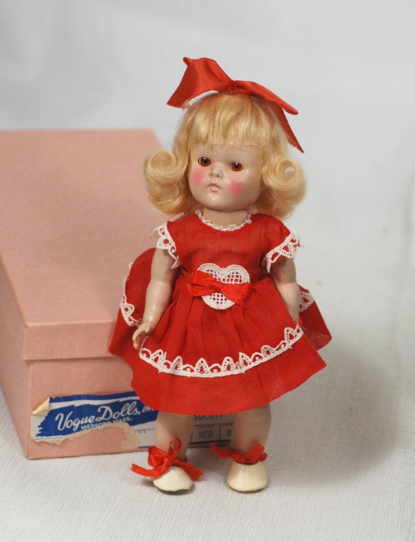 VOGUE GINNY AFTERNOON SERIES “JUDY”. #82-D. 8”. Hard: VOGUE GINNY AFTERNOON SERIES “JUDY”. #82-D. 8”. Hard plastic, straight leg, painted lashes, brown sleep eyes, blonde wig, original red organdy dress with lace heart and edging, matching panty, r