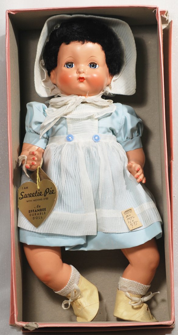 MINT-IN-BOX EFFANBEE “SWEETIE PIE” WITH RARE BLACK: MINT-IN-BOX EFFANBEE “SWEETIE PIE” WITH RARE BLACK HAIR. Marks: Effanbee. 16”. Composition swivel head with large blue sleeping eyes, painted lashes and applied upper lashes, painted arched brow