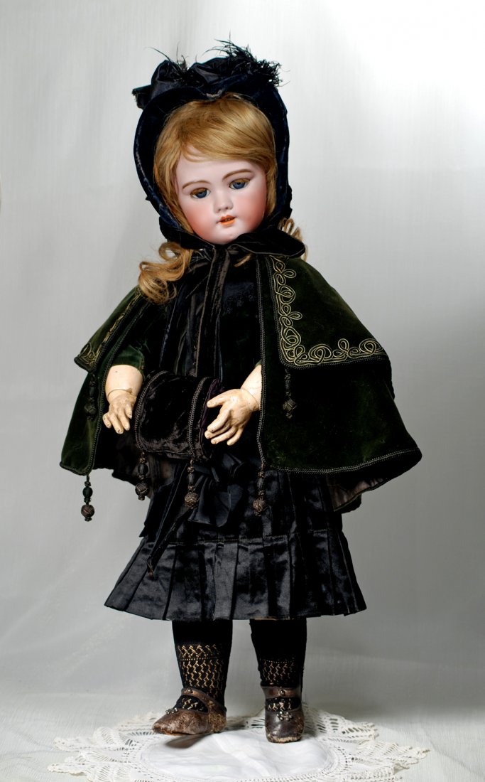 FRENCH BISQUE “DEP” BEBE BY JUMEAU. Marks: Dep 12 26”.: FRENCH BISQUE “DEP” BEBE BY JUMEAU. Marks: Dep 12 26”. Bisque socket head, blue sleep eyes, painted lower lashes, applied upper lashes, feathered and brushstroked brows, open mouth, shaded and a