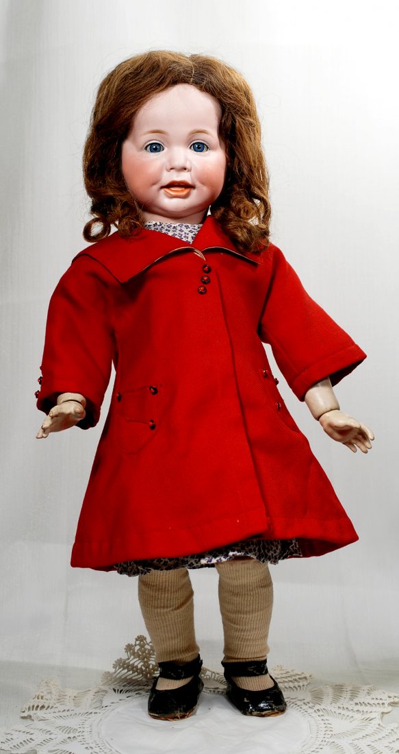 LARGE KAMMER & REINHARDT 116/A CHARACTER WITH TODDLER: LARGE KAMMER & REINHARDT 116/A CHARACTER WITH TODDLER BODY. Marks: K * R / Simon Halbig 116/A/ 62 25”. Bisque socket head, blue sleep eyes, painted lashes, feathered brows, plump dimpled cheeks, ope