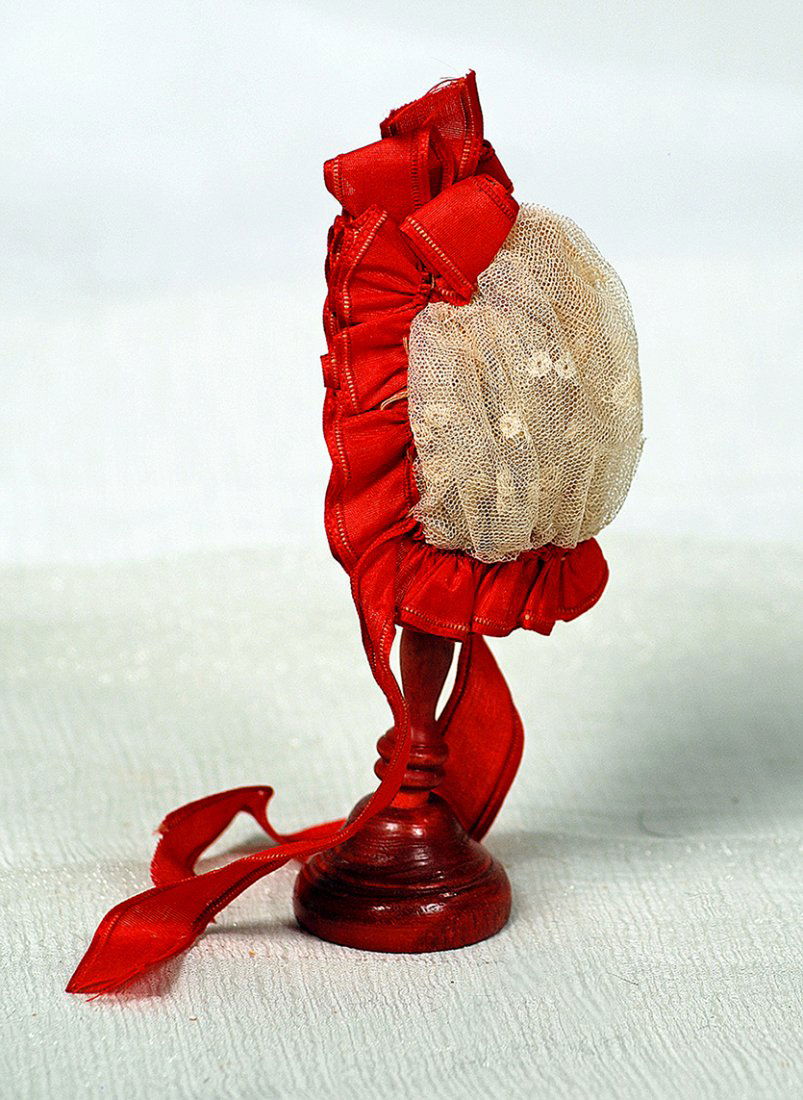 LACE BONNET WITH RED SILK TRIM FOR POUPEE.  Embroidered (1 of 1)