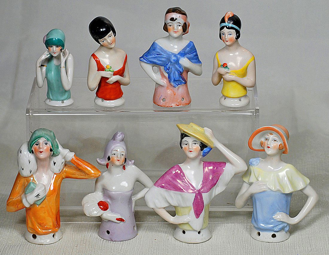 EIGHT PORCELAIN HALF DOLL FLAPPERS. 2 ” to 4”. Each (1 of 1)
