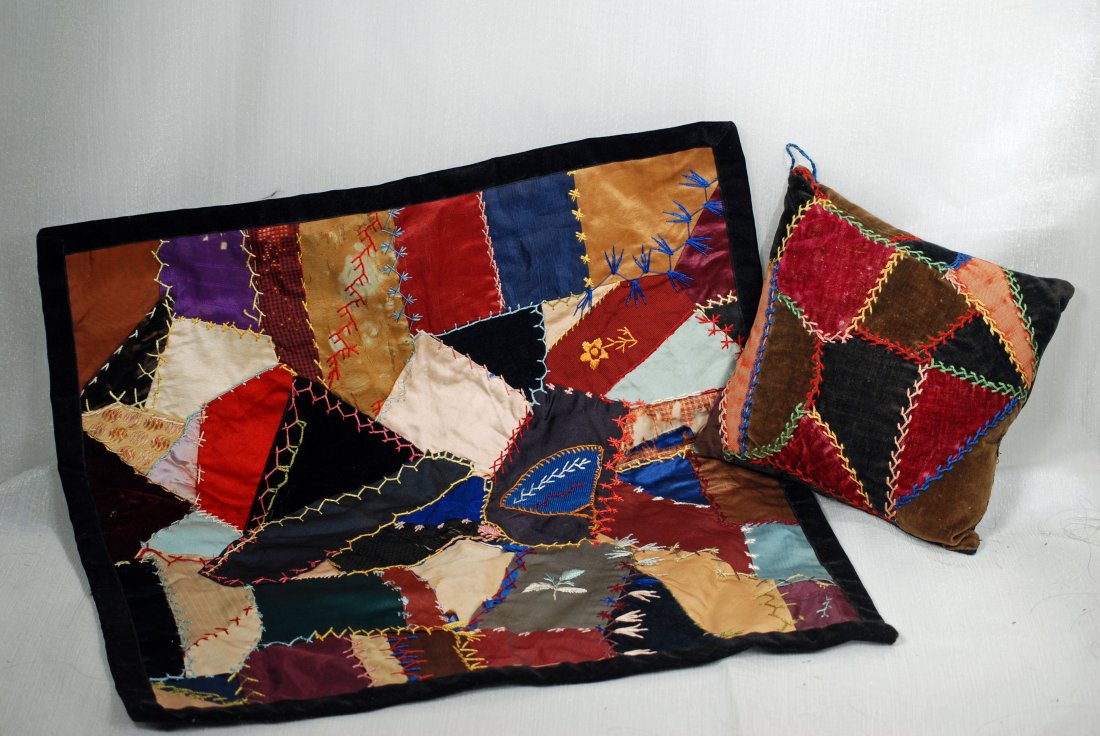 ANTIQUE SILK AND VELVET DOLL CRAZY QUILT WITH MATCHING (1 of 1)