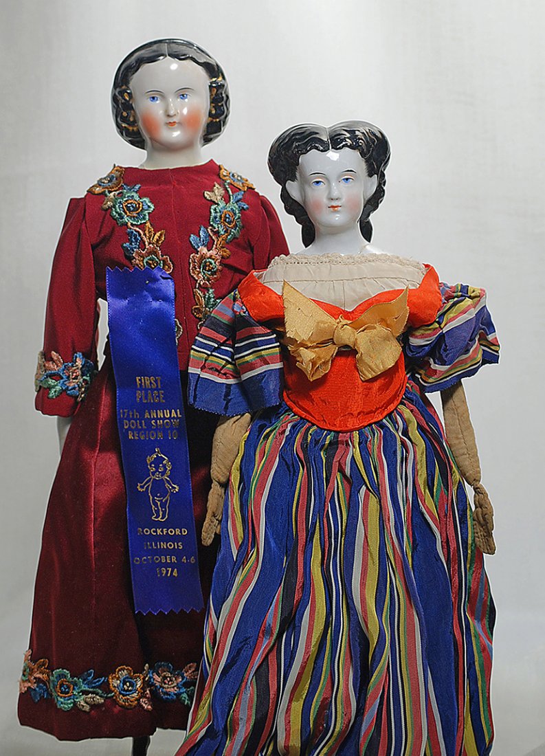 TWO EARLY CHINA DOLLS WITH DAMAGE. 18” doll with snood (1 of 1)