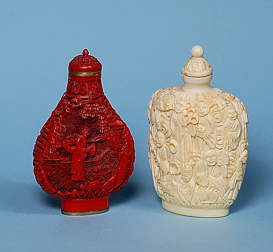 TWO CHINESE PERFUME BOTTLES, CINNABAR AND IVORY. (1 of 1)