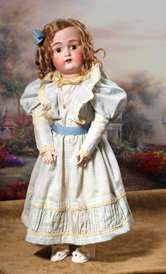 PRETTY GERMAN BISQUE DOLL BY KESTNER.Marks:G. Made in: PRETTY GERMAN BISQUE DOLL BY KESTNER.Marks:G. Made in Germany 11. JDK 215.22”.Bisque socket head, brown sleep eyes, painted lower lashes, inset brows, open mouth, accented lips, upper teeth, origina