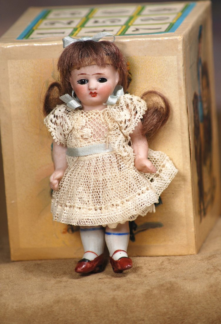 MINIATURE, 3 ¼", ALL-BISQUE DOLL HOUSE DOLL WITH GLASS (1 of 1)