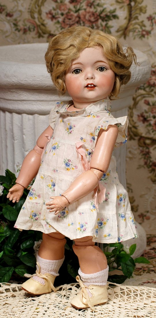 FULPER BISQUE CHARACTER TODDLER: FULPER BISQUE CHARACTER TODDLER. Marks: Fulper Made in USA. 16”. Bisque socket head, rounded fat face with blue sleep eyes, painted lashes, feathered brows, open mouth, accented lips, two upper teet