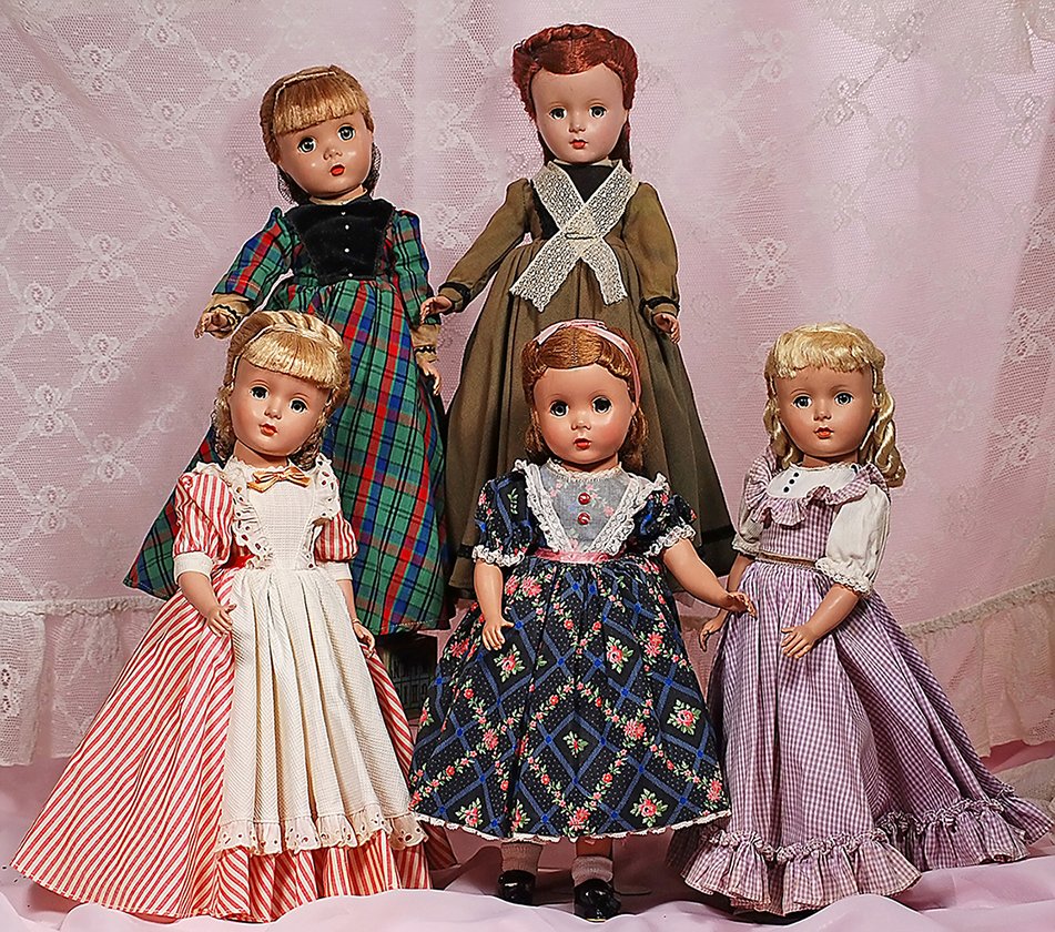 COMPLETE SET OF ALEXANDER LITTLE WOMEN DOLLS: COMPLETE SET OF ALEXANDER LITTLE WOMEN DOLLS. 14”. Each is all hard plastic with socket head, five-piece jointed body, sleep eyes, closed mouth, one with “Maggie” face, each having well-preserve