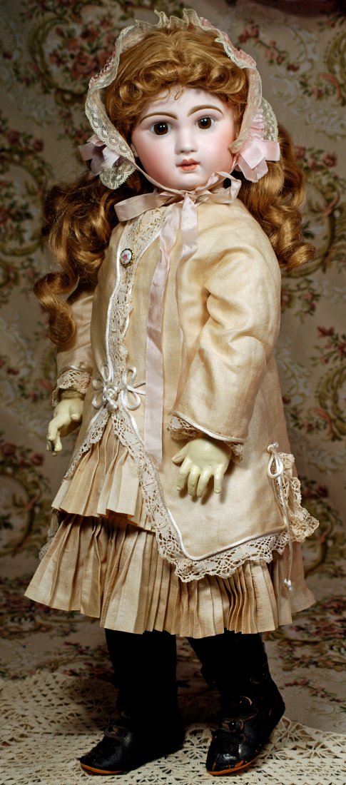FRENCH BISQUE CLOSED-MOUTH BEBE BY JUMEAU: FRENCH BISQUE CLOSED-MOUTH BEBE BY JUMEAU. Marks: Tete Jumeau Depose 12. 26”. Bisque socket head, brown paperweight eyes, painted lashes, feathered and brushstroked brows, pierced ears, closed mouth