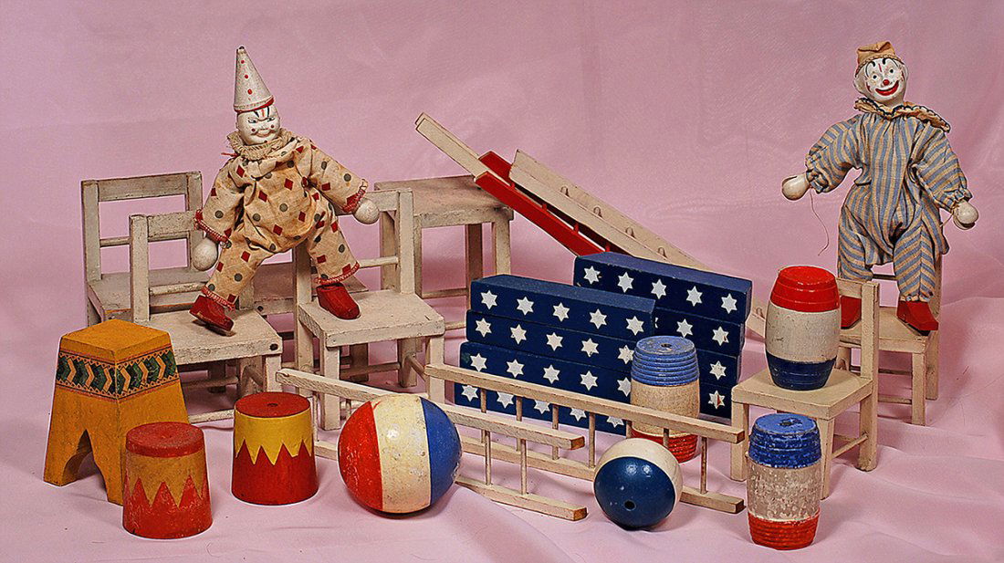 TWO SCHOENHUT CLOWNS & LARGE GROUP OF CIRCUS ACCESSORY (1 of 1)