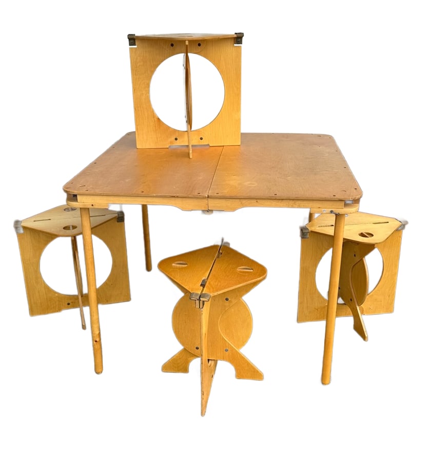 Mid-Century Modern Barry Simpson Dirt Roads Rooster Table & Stools: Hard To Find Mid-Century Modern Barry Simpson Dirt Roads Rooster Folding Table & Stool Set. Stools fold flat and store inside folded table. Unique plycraft construction made in Vermont