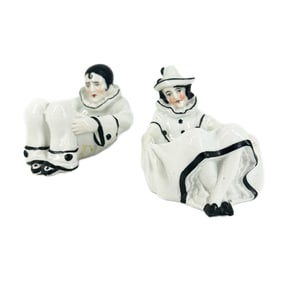 Pair of Antique 1920's Sitzendorf Porcelain Figural Harlequin Puff Dishes