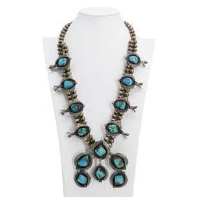 Vintage Mexico Sterling Silver Turquoise Squash Blossom Necklace