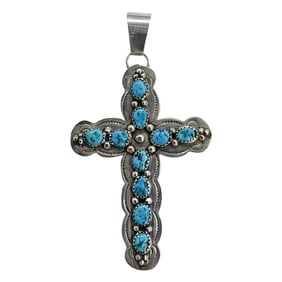 Signed Charlene Yazzie Navajo Oversized Stamped Sterling Silver Turquoise Cross Pendant