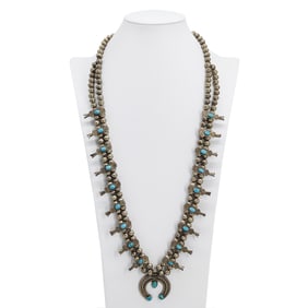 Vintage Native American Sterling Silver & Turquoise Box Bow Squash Blossom Necklace