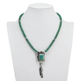 Native American Sterling Silver & Turquoise Beaded Pendant Necklace