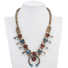 Vintage Native American Sterling Silver & Coral Squash Blossom Necklace