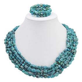 Southwestern Raw Turquoise Nugget 5-Strand Beaded Bib Necklace & Memory Coil Bracelet