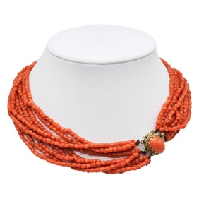 Antique 14K Gold Clasp Red Coral Multi-Strand Necklace