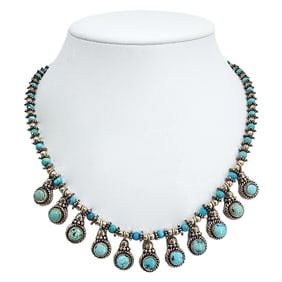 Sterling Silver & Turquoise Beaded Drops Necklace