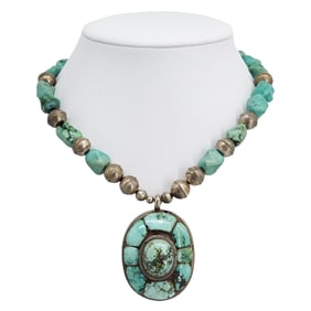 Asian Turquoise & Sterling Silver Beaded Pendant Necklace