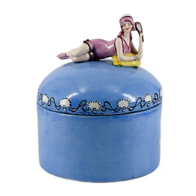 Antique German Porcelain Art Deco Lady with Mirror Powder Jar