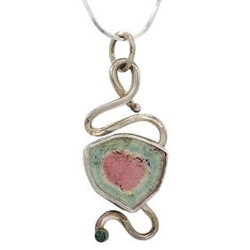 Signed Annette Morrin Sterling Silver Watermelon Tourmaline Pendant Necklace