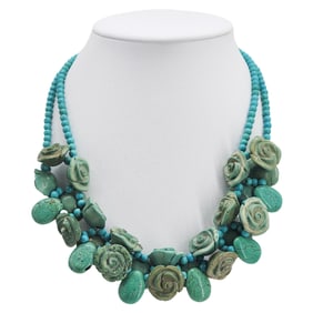 Artisan Made "Stone Roses" Turquoise & Dyed Howlite Beaded Necklace