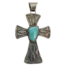 Signed AC Native American Oversized Stamped Nickel Silver Turquoise Cross Pendant