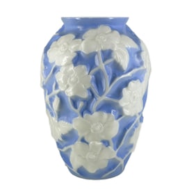 Antique Phoenix Dogwood Blue & White Floral Consolidated Glass Vase by Rueben Haley
