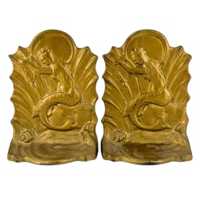 Antique Pair of Art Nouveau Cast Brass Mermaid Bookends