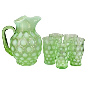 Vintage 1940's Fenton Coin Spot Uranium Glass Pitcher & Tumblers UV Reactive