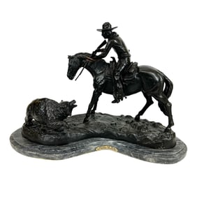 Large 18" Frederic Remington "Killing the Bear", Bronze Sculpture