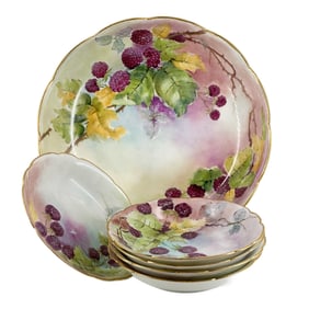 Antique Jean Pouyat Limoges Footed Blackberry Bowl with 5 Matching Bowls