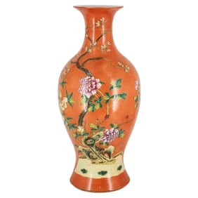 Large Antique Hongxian Era Chinese Famille Vert Coral Ground Vase