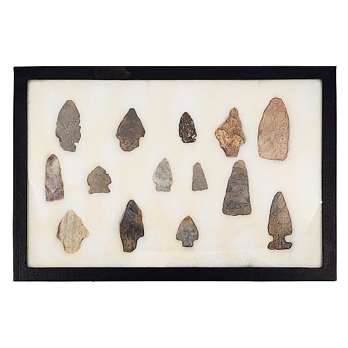 Group of Primitive Stone Arrowheads: Group of 14 Primitive Stone Arrowheads in Riker Specimen Mount