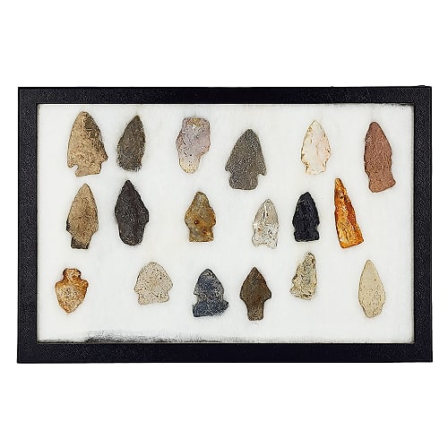 Group of Primitive Stone Arrowheads: Group of 18 Primitive Stone Arrowheads in Riker Specimen Mount
