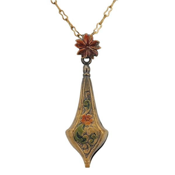 Vintage Victorian Revival Art Nouveau Style Colored Brass Pendant Necklace: Vintage Victorian Revival Art Nouveau Style Colored Brass Pendant Necklace. Antiqued brass with red and green overpainted details. 1-5/8" pendant on 17.5" peanut link chain. Unmarked/unsigned.