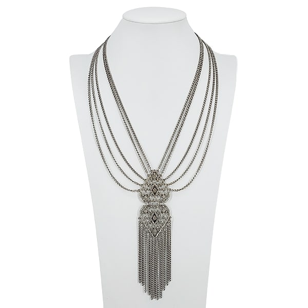 Vintage Multi-Chain Filigree & Fringe Statement Necklace: Vintage Multi-Chain Filigree & Fringe Statement Necklace. Silver tone. Short strand 21" w/ 6-3/8" drop