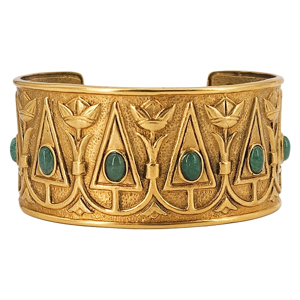 Vintage METROPOLITAN MUSEUM OF ART 24K Gold Plated Jade Egyptian Cuff Bracelet: Vintage METROPOLITAN MUSEUM OF ART 24K Gold Plated Jade Egyptian Cuff Bracelet. Molded botanical motif with genuine jade cabochons. 6" long x 1.25" wide. Signed MMA CMA.