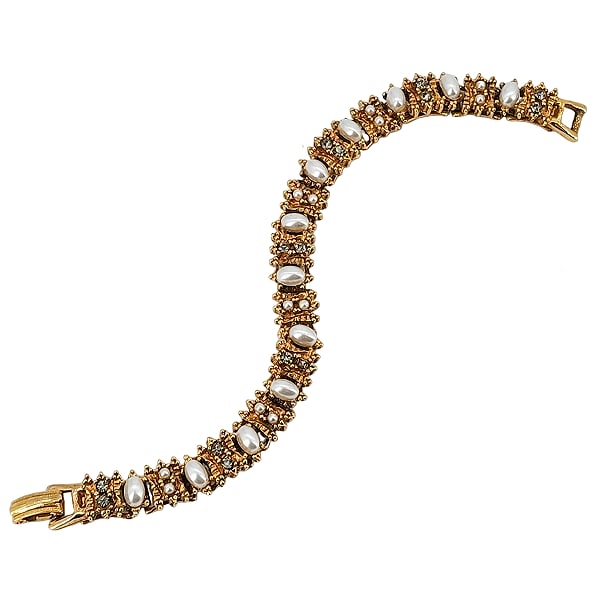 Vintage Faux Pearl & Rhinestone Book Link Bracelet (1 of 9)