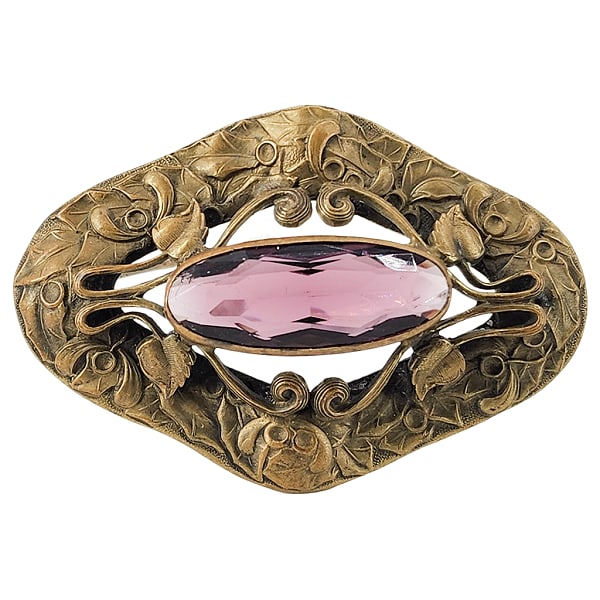 Vintage Victorian/Art Nouveau Large Purple Paste Stone Brooch: Vintage Victorian/Art Nouveau Large Purple Paste Stone Brooch. Antiqued brass/gold tone with approx 32x12mm purple paste stone. Leaf and vine motif. 2-3/4 x 1-7/8". Unmarked/unsigned.