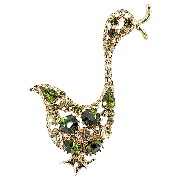 Vintage Green Rhinestone Goose Brooch: Vintage Green Rhinestone Goose Brooch. Gold tone with olive and pale green rhinestones. 3.25 x 1.5". Unmarked/unsigned. No missing stones.