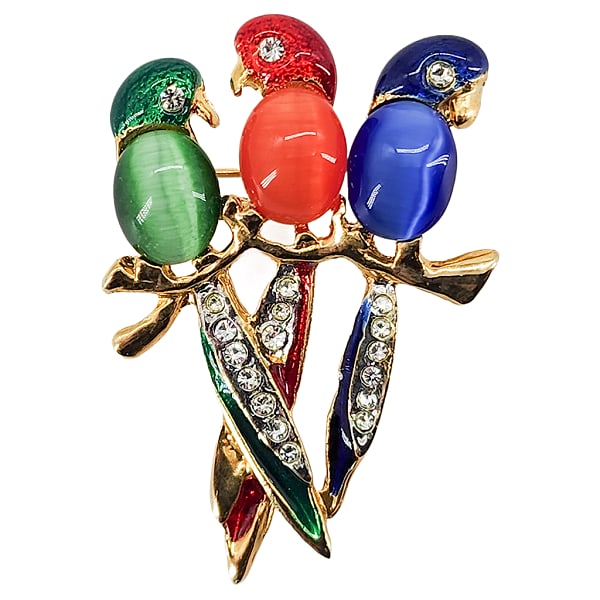 Vintage Rhinestone & Cat's Eye Jelly Belly Parrots Brooch: Vintage Rhinestone & Cat's Eye Jelly Belly Parrots Brooch. Gold tone with clear rhinestones ands green/red/blue enamels and matching cat's eye cabochon bellies. 1-5/8 x 1-1/8". Unmarked/unsigned.