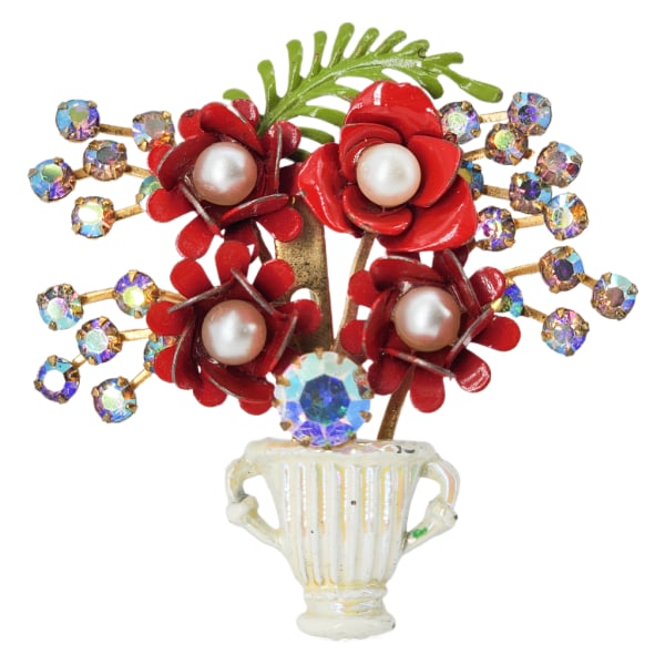 Vintage Aurora Borealis Rhinestone, Enamel, & Faux Pearl Flower Vase Brooch (1 of 7)