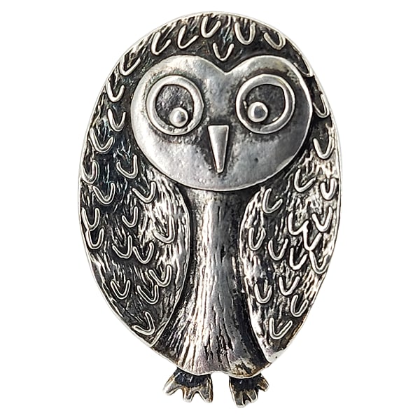 Vintage Sterling Silver Modernist Owl Brooch: Vintage Sterling Silver Modernist Owl Brooch. 1-3/8 x 1". Marked 925 and signed with a B in a circle maker's mark. Total weight: 4.84g