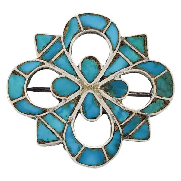 Vintage Native American Sterling Silver Turquoise Inlay Brooch: Vintage Native American Sterling Silver Turquoise Inlay Brooch. Sterling silver with genuine turquoise stone inlays. Hand scratched signature, possibly AIH. Unmarked, but does acid scratch test positi