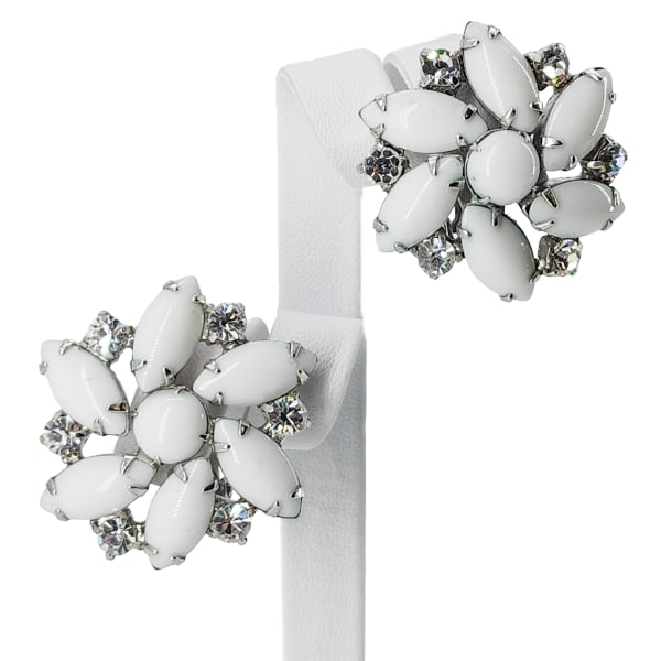 Vintage KRAMER Prong Set Milk Glass & Rhinestone Clip Earrings: Vintage KRAMER Prong Set Milk Glass & Rhinestone Clip Earrings. Silver tone with smooth milk glass and clear rhinestones. 1.25"Ø. Signed on clips. Minor finish wear on back sides. No missing stones.