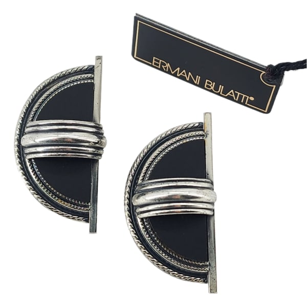 Signed ERMANI BULATTI Art Deco Inspired Clip Earrings: Signed ERMANI BULATTI Art Deco Inspired Clip Earrings. Silver tone with black acrylic detail. 1.75" long. Signed on reverse. Original tag included.